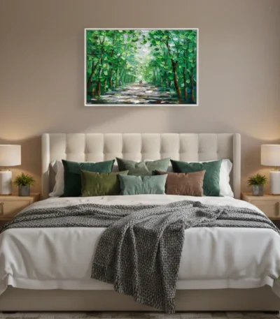 Impressionist hand-painted canvas depicting a verdant tree-lined pathway in lush greens and soft light, contemporary bedroom setting