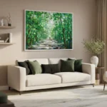 Impressionist landscape hand-painted canvas depicting tree-lined pathway with dappled light in verdant greens, contemporary living space