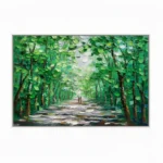 Textured landscape painting depicting a lush tree-lined pathway in vibrant greens and creams, hand-painted canvas in contemporary living space