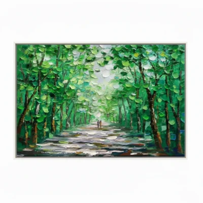 Textured landscape painting depicting a lush tree-lined pathway in vibrant greens and creams, hand-painted canvas in contemporary living space