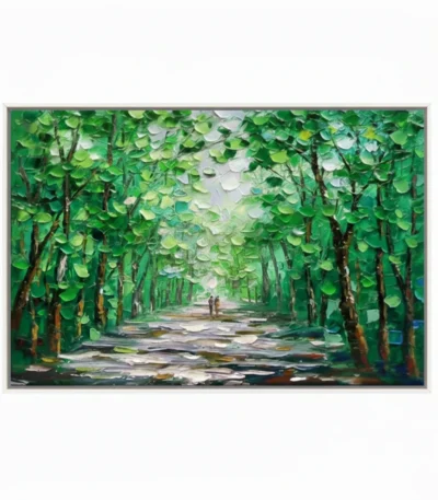 Textured landscape painting depicting a lush tree-lined pathway in vibrant greens and creams, hand-painted canvas in contemporary living space