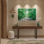Contemporary landscape hand-painted canvas depicting tree-lined avenue in verdant greens and soft light, modern entryway