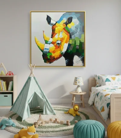 Contemporary hand-painted canvas depicting a vibrant geometric rhino in yellow, orange and blue tones, children's room
