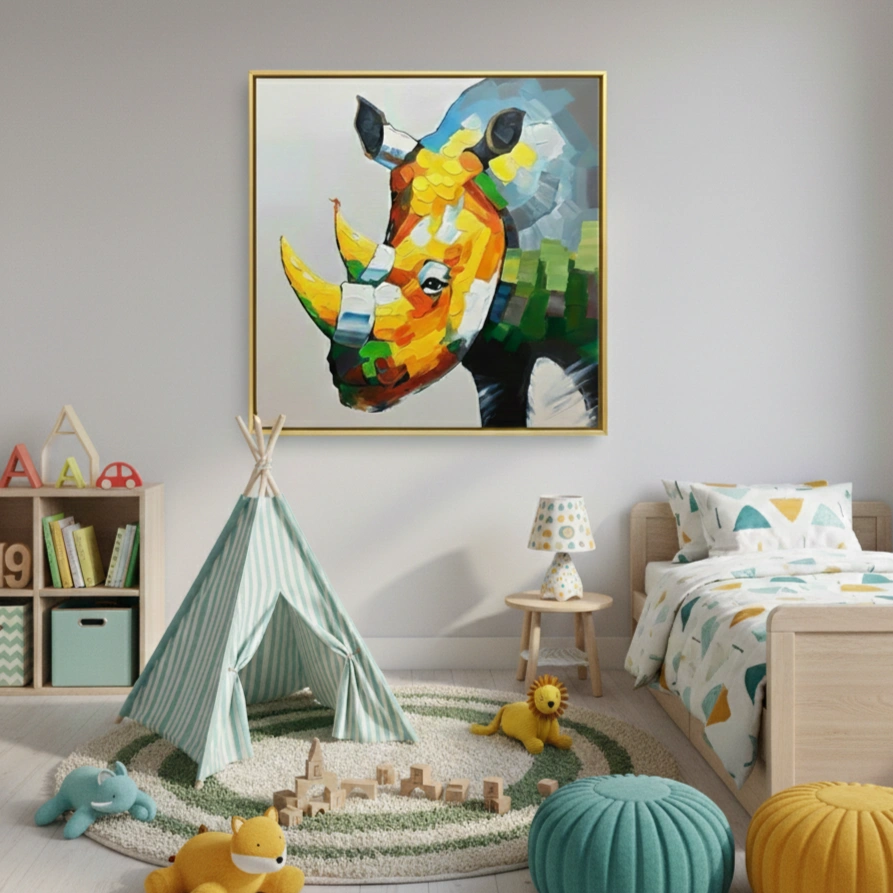 Majestic Rhino Vibrant Palette Color art (1.5) Contemporary hand-painted canvas depicting a vibrant geometric rhino in yellow, orange and blue tones, children's room