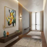 Vibrant abstract hand-painted canvas of a colorful rhinoceros in bold yellows and blues, modern entryway