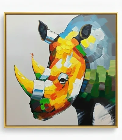 Contemporary hand-painted canvas of a colorful rhinoceros with vibrant yellow, orange, and green geometric patterns, gold frame