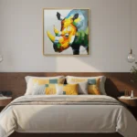 Contemporary figurative hand-painted canvas of colorful geometric rhino head in yellow, orange and blue tones, modern bedroom