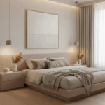 Minimalist abstract hand-painted canvas in soft whites and grey tones with horizontal brushwork, modern bedroom
