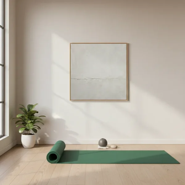 Minimalist abstract hand-painted canvas in soft cream and grey tones with subtle horizontal division, yoga studio setting