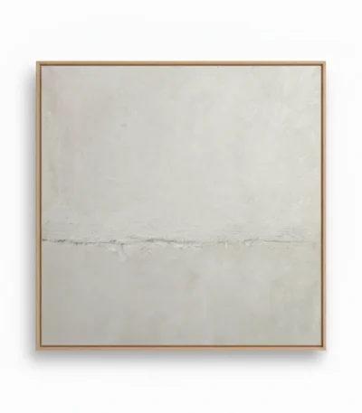 Minimalist hand-painted canvas with horizontal brushwork in soft cream and grey tones, contemporary living space