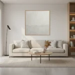 Minimalist abstract hand-painted canvas in soft whites and grays with horizontal divisions, contemporary living space