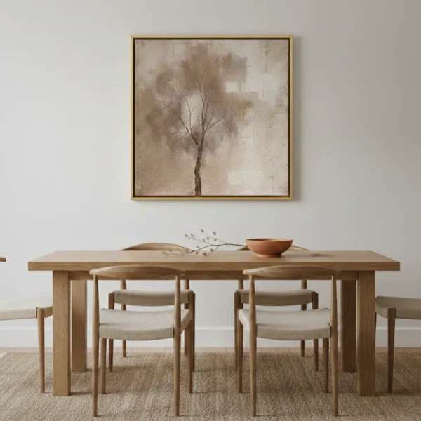 Minimalist hand-painted canvas of a solitary bare tree in soft taupe and cream tones, contemporary dining space