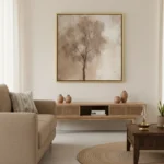 Minimalist landscape hand-painted canvas depicting solitary tree in muted taupe and cream tones, contemporary living space
