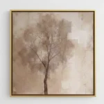 Minimalist hand-painted canvas depicting a solitary bare tree in muted earth tones and soft taupe, contemporary living space