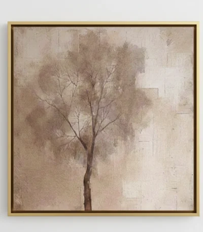 Minimalist hand-painted canvas depicting a solitary bare tree in muted earth tones and soft taupe, contemporary living space