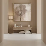 Minimalist hand-painted canvas depicting a solitary tree in muted beige and taupe tones, contemporary bedroom setting