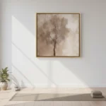 Minimalist hand-painted canvas depicting a solitary tree in muted taupe and cream tones, contemporary living space