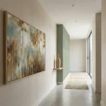 Textured abstract hand-painted canvas in layered golds, teals, and earth tones, contemporary hallway setting