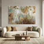 Layered abstract landscape hand-painted canvas in muted golds, whites, and soft blues depicting ethereal forest, contemporary living space
