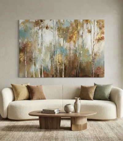 Layered abstract landscape hand-painted canvas in muted golds, whites, and soft blues depicting ethereal forest, contemporary living space