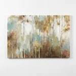 Contemporary landscape hand-painted canvas depicting birch forest with warm golden and muted blue tones, white wall backdrop