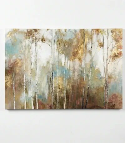 Contemporary landscape hand-painted canvas depicting birch forest with warm golden and muted blue tones, white wall backdrop