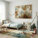 Impressionist landscape hand-painted canvas depicting birch forest with golden foliage in warm earth tones, children's bedroom