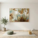 Impressionist hand-painted canvas depicting a birch forest in golden, rust, and soft blue tones, contemporary living space