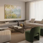 Impressionist landscape hand-painted canvas with birch trees in golden yellows and soft greens, contemporary living space