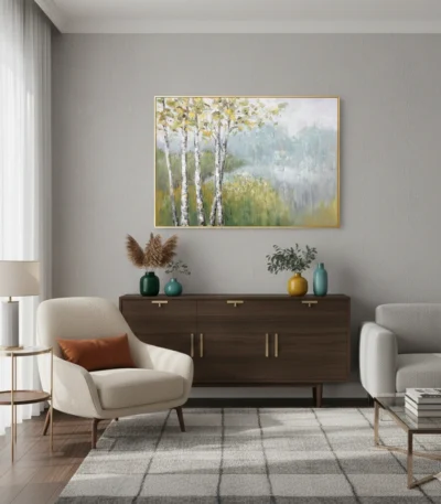 Impressionist landscape painting depicting birch trees with golden foliage and misty forest in soft greens and whites, contemporary living space