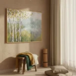 Impressionist landscape hand-painted canvas depicting white birch trees with golden foliage in soft green and grey tones, contemporary living space