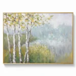 Impressionist hand-painted canvas of white birch trees with golden foliage overlooking misty forest landscape in soft greens and grays