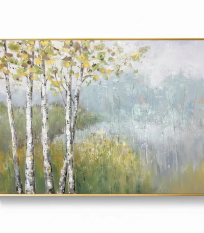 Impressionist hand-painted canvas of white birch trees with golden foliage overlooking misty forest landscape in soft greens and grays