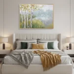 Impressionist hand-painted canvas depicting misty birch forest with golden foliage and soft atmospheric layers, muted greens and creams, modern bedroom