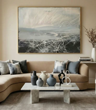 Gestural abstract painting with layered white brushstrokes over muted grey and charcoal tones, hand-painted canvas in contemporary living space