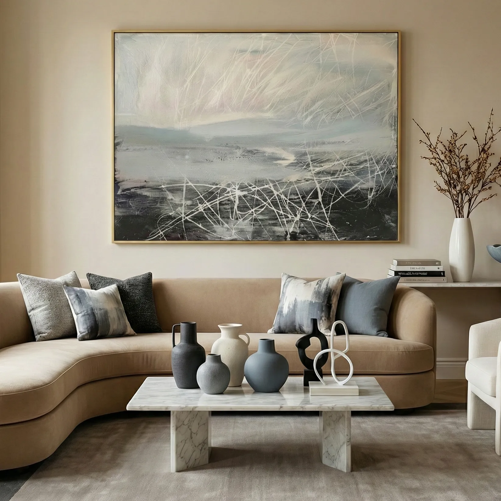 Modern Drift Framed neutral abstract drip art pollock wall art (2) Gestural abstract painting with layered white brushstrokes over muted grey and charcoal tones, hand-painted canvas in contemporary living space