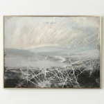 Gestural abstract hand-painted canvas with layered white expressive marks over moody charcoal and grey tones, contemporary living space