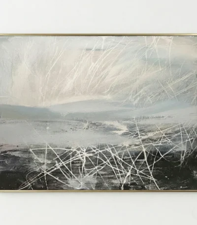 Gestural abstract hand-painted canvas with layered white expressive marks over moody charcoal and grey tones, contemporary living space