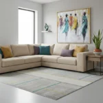 Contemporary figurative hand-painted canvas depicting five stylized women in colorful dresses, muted pastels and earth tones, modern living space