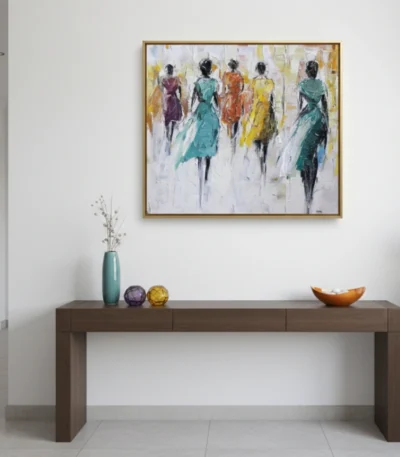 Gestural contemporary painting depicting five stylized figures in jewel-toned dresses with expressive brushwork, hand-painted canvas in turquoise, purple, yellow and white, modern entryway
