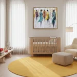 Contemporary figurative hand-painted canvas depicting five stylized figures in jewel-toned dresses with gestural brushwork, nursery setting