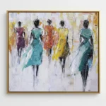 Contemporary figurative hand-painted canvas depicting five stylized female figures in vibrant yellow, teal, rust and burgundy tones against white