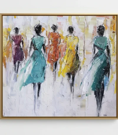 Contemporary figurative hand-painted canvas depicting five stylized female figures in vibrant yellow, teal, rust and burgundy tones against white