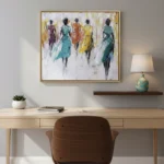 Gestural contemporary hand-painted canvas depicting five stylized figures in vibrant teal, yellow, orange and purple tones, modern workspace