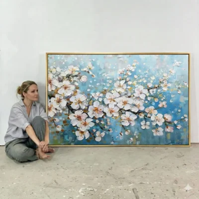 Contemporary impressionist hand-painted canvas of blooming cherry blossoms in white and gold against layered blue sky