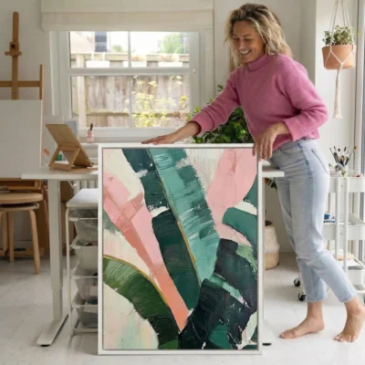 Gestural abstract hand-painted canvas in layered pink, teal, and forest green brushstrokes, contemporary studio setting