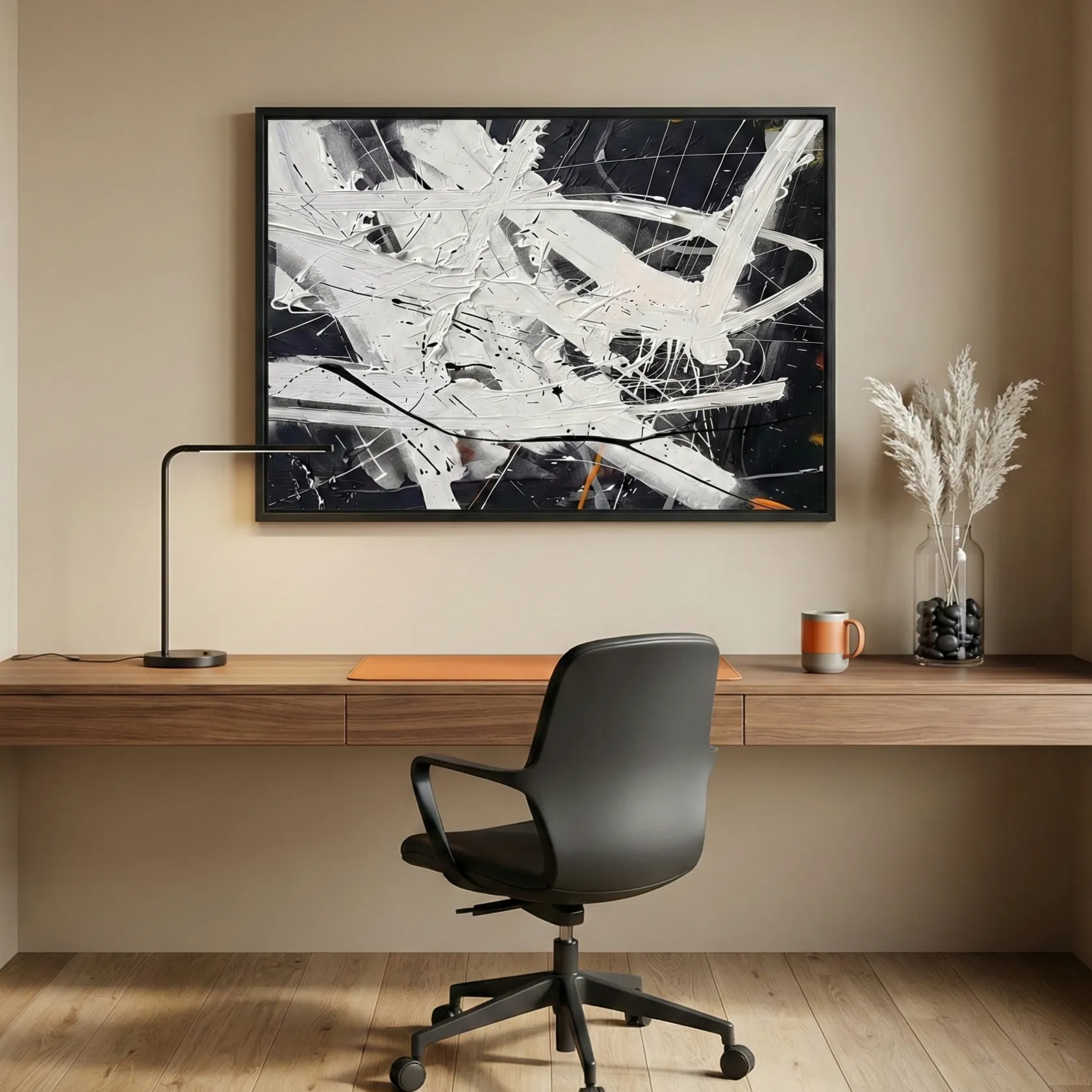 Monochrome Chaos Black and white textured drips pollock wall art (2) Gestural abstract expressionist hand-painted canvas in dynamic black, white and ochre brushstrokes, modern workspace