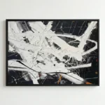 Gestural abstract expressionist hand-painted canvas with dynamic white brushstrokes, black splatters, and metallic accents on dark background