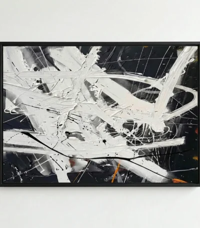 Gestural abstract expressionist hand-painted canvas with dynamic white brushstrokes, black splatters, and metallic accents on dark background
