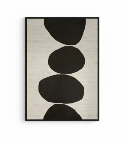 Minimalist hand-painted canvas with stacked black organic ovals on cream linen, contemporary wall art